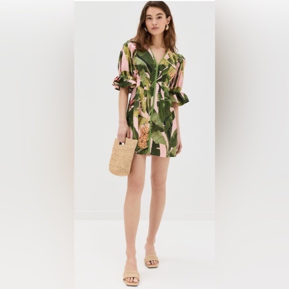 Farm Rio Pink Banana Leaves V Neck Mini Dress